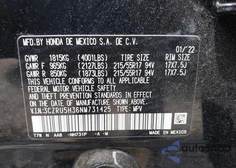 2022 Honda Hr-V 2Wd Lx z USA, uszkodzony, nr VIN 3CZRU5H36NM731425